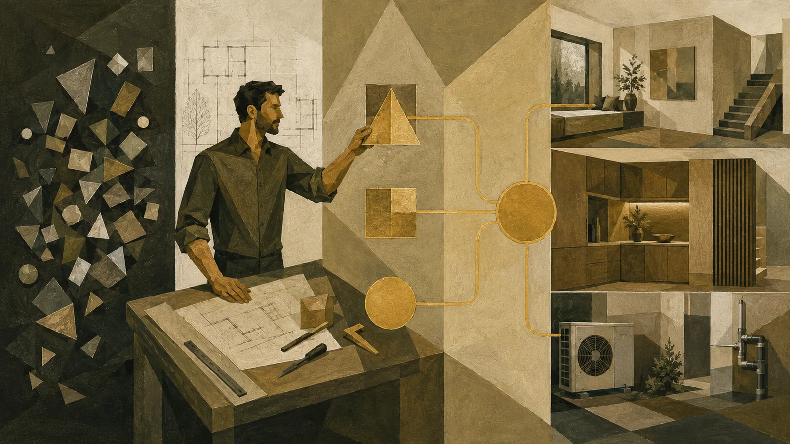 Editorial illustration in khaki and gold: a construction business owner reviewing plans alongside premium interiors and technical equipment, connected to one marketing strategy