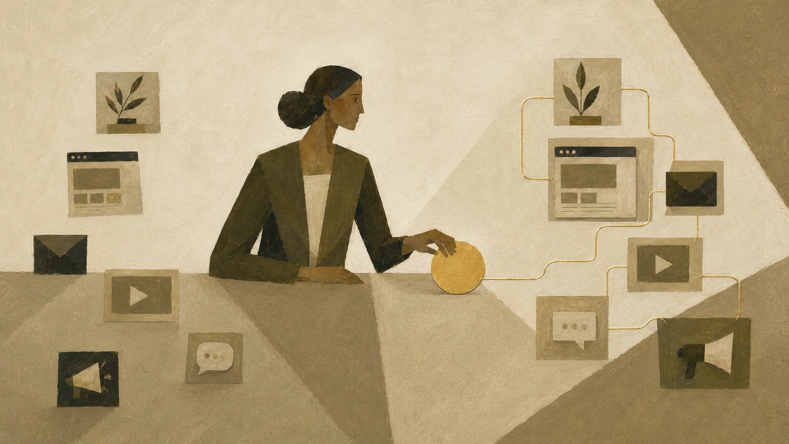 Editorial illustration in khaki and gold: a small business owner connecting scattered email, video and website activity into one central objective